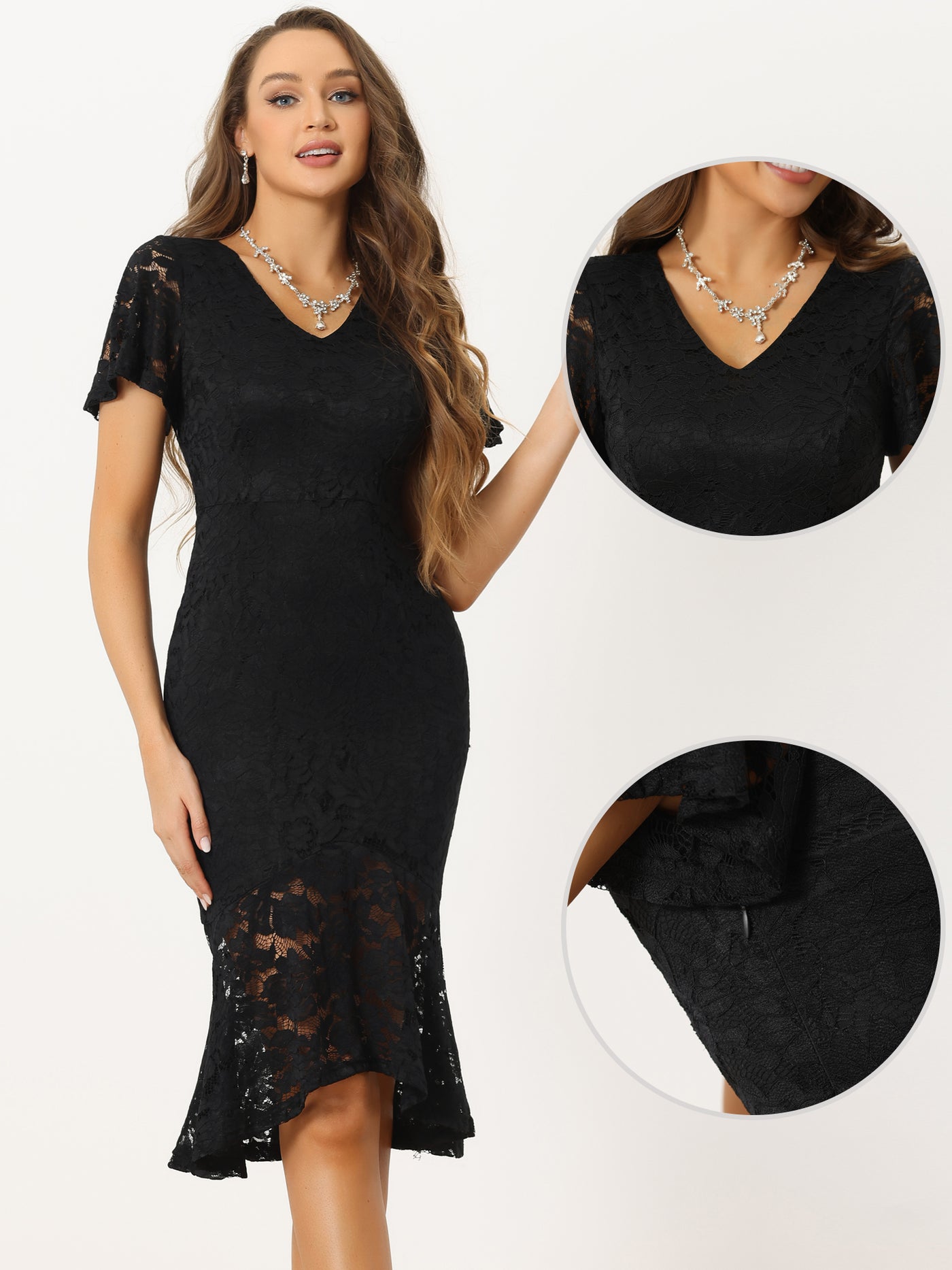 Allegra K Floral Lace V Neck Ruffle Short Sleeve Cocktail Mermaid Bodycon Dress