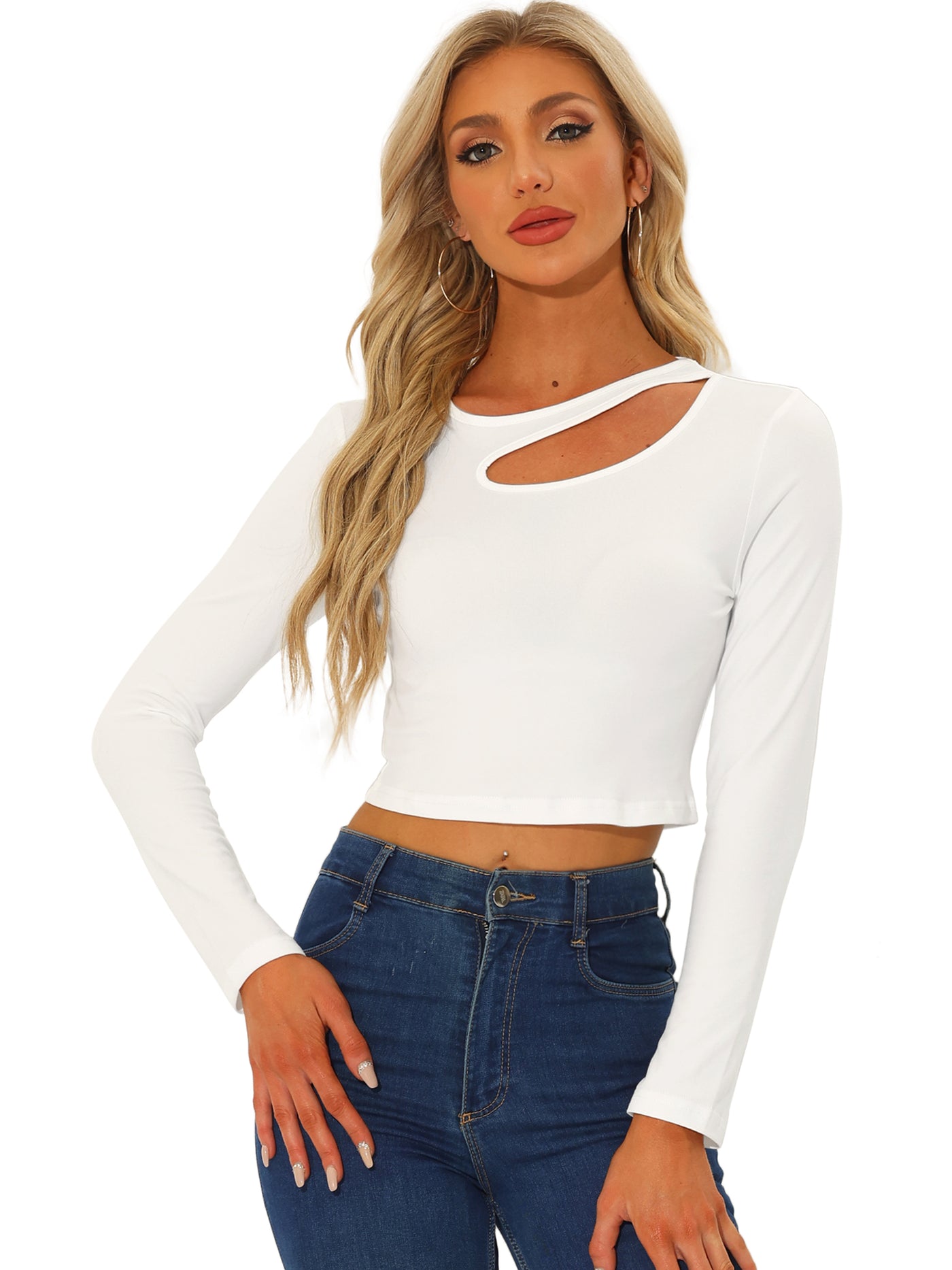 Allegra K Long Sleeve Casual Cut Out Slim Fitted Basic Crop Tee Tops