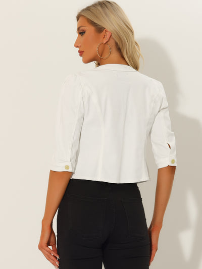 Denim Collarless Pockets 3/4 Sleeve Feminine Style Jacket