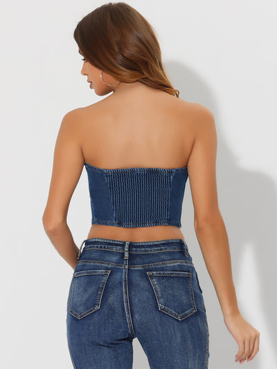 Button Front Smock Back Tank Cami Strapless Denim Crop Top