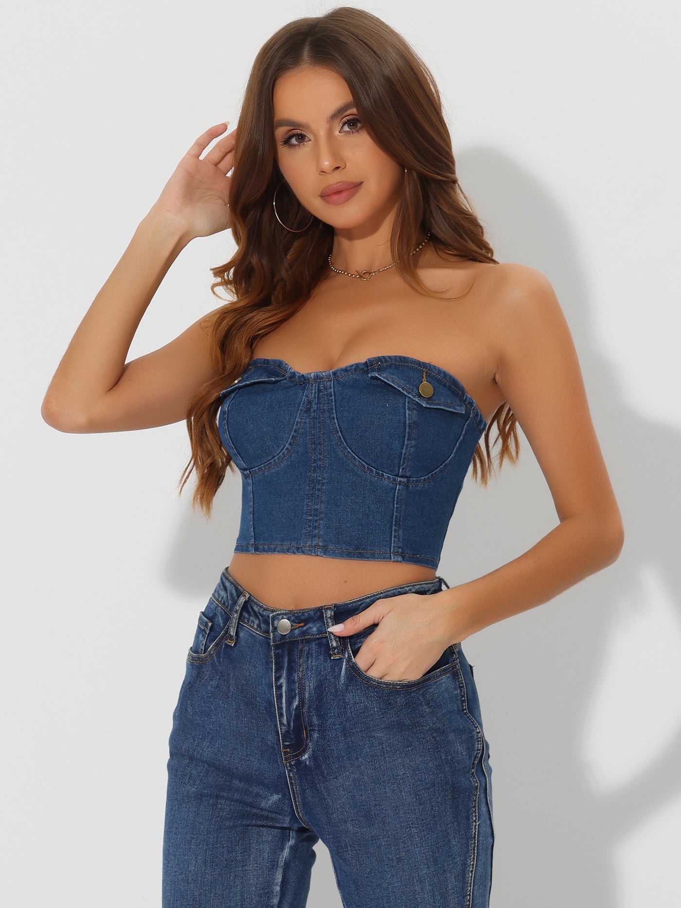 Allegra K Button Front Smock Back Tank Cami Strapless Denim Crop Top