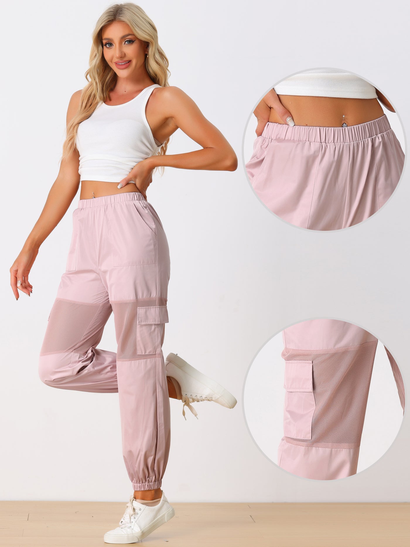 Allegra K Mesh Panel Pants High Waist Sheer Sports Elastic Baggy Cargo Pant