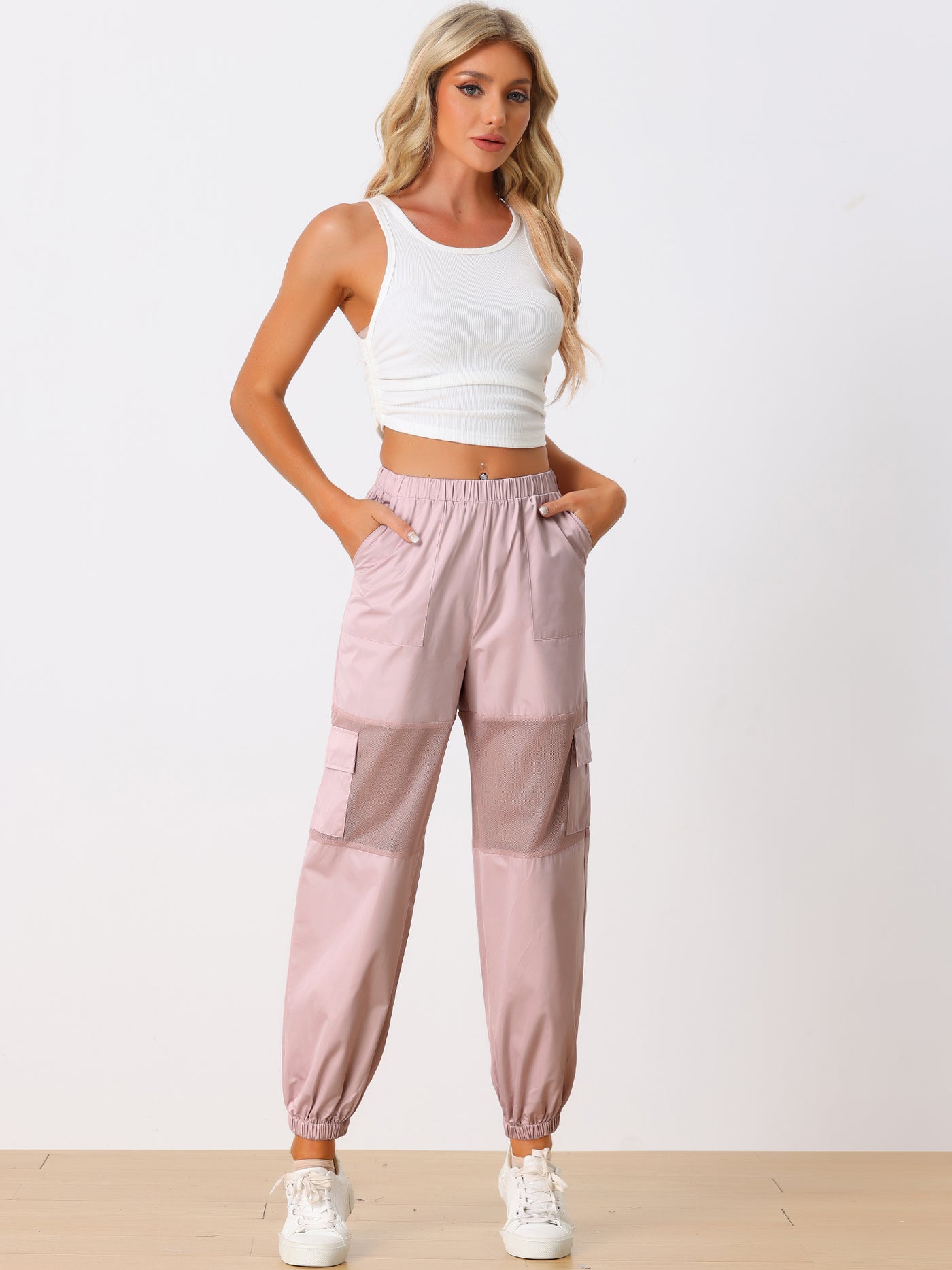 Allegra K Mesh Panel Pants High Waist Sheer Sports Elastic Baggy Cargo Pant