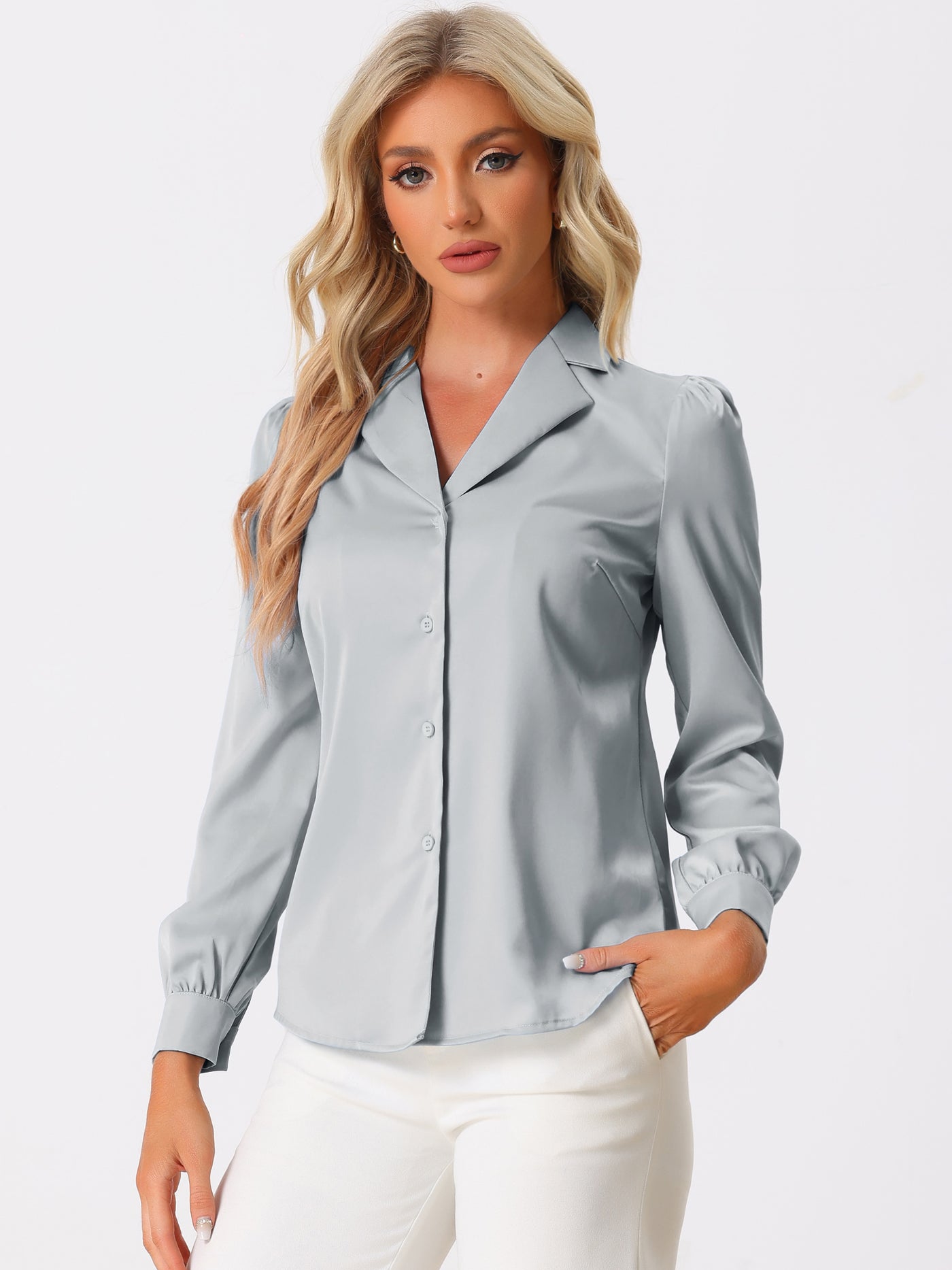 Allegra K Elegant Collar Blouse Long Sleeve Work Office Satin Button Down Shirt