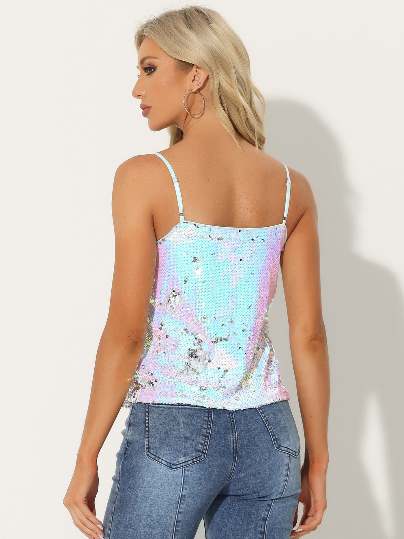 Allegra K Sequined Straps Party Glitter Disco Sparkle Cami Top