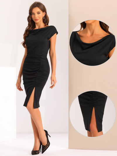 Short Sleeve Cowl Neck Ruched Bodycon Slit Midi Dress