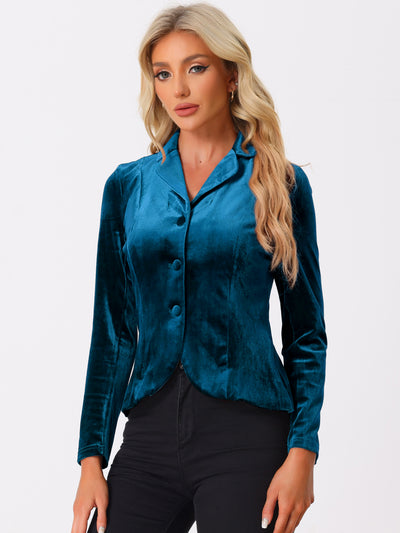 Notched Lapel Long Sleeve Office Business Button Velvet Blazer