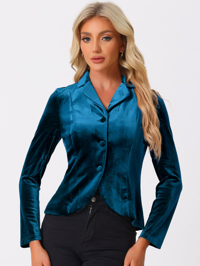 Notched Lapel Long Sleeve Office Business Button Velvet Blazer