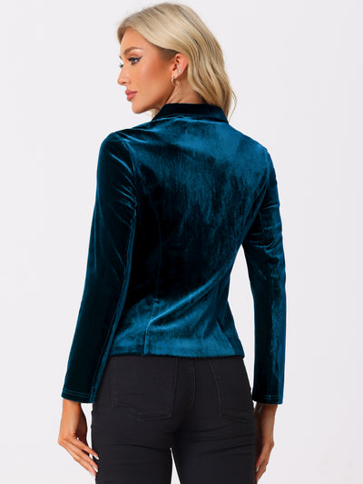 Notched Lapel Long Sleeve Office Business Button Velvet Blazer