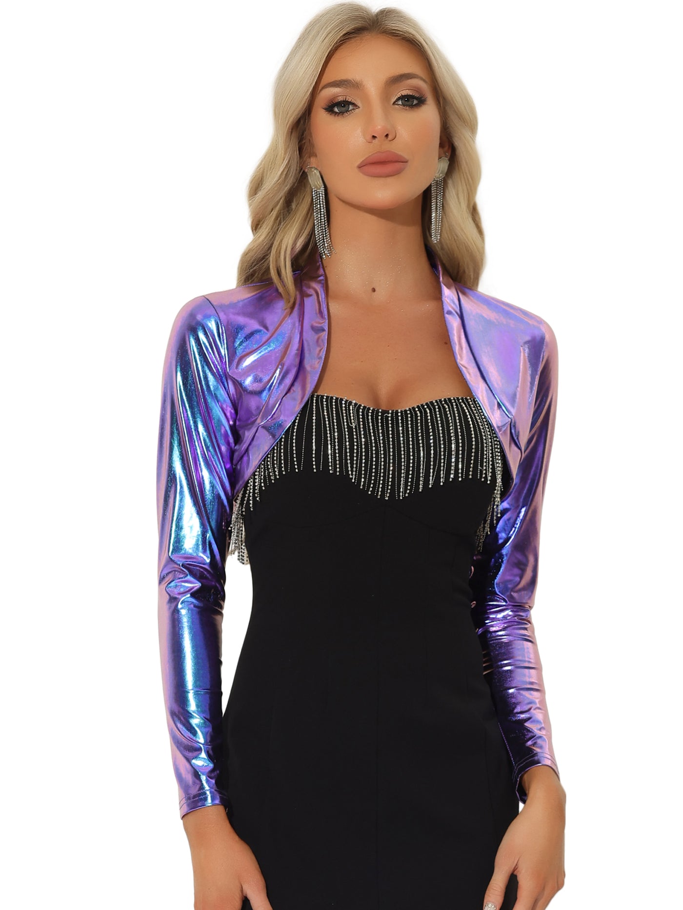 Allegra K Women's Cropped Bolero Holographic Party Shimmering Shiny Lightweight Metallic Cardigan