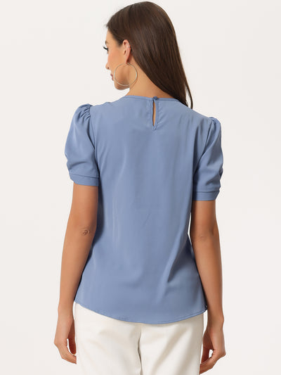 Ruched Sleeve Pleated Front Round Neck Blouse