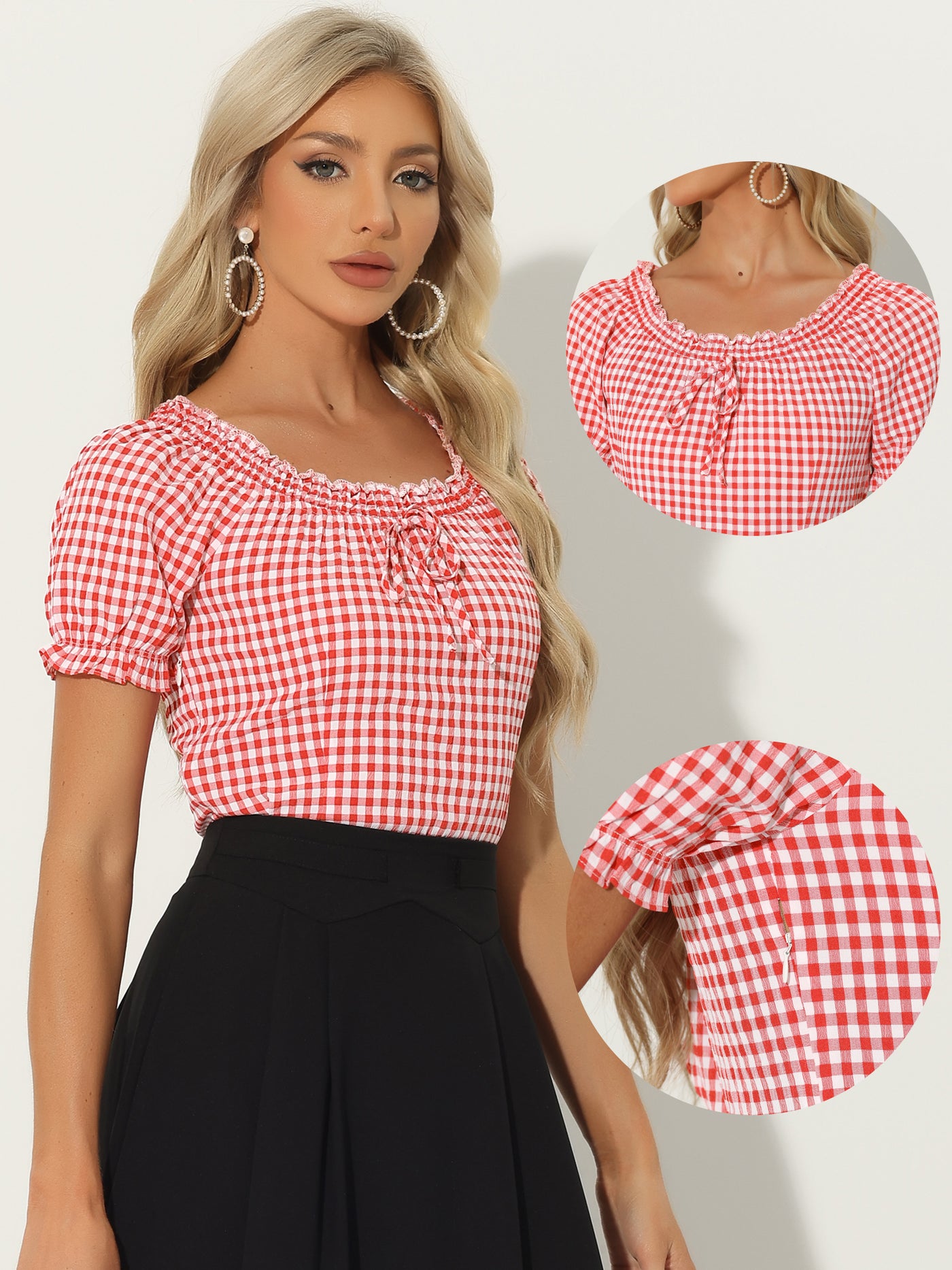 Allegra K Peasant Round Neck Ruffles Puff Sleeve Gingham Plaid Blouse