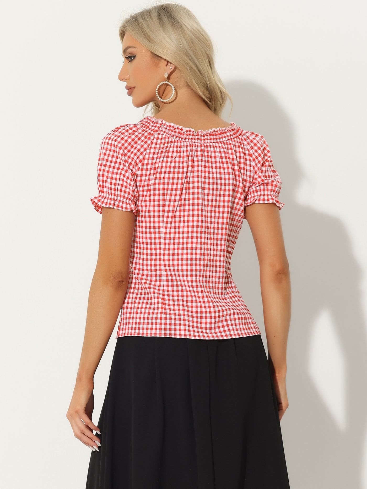 Allegra K Peasant Round Neck Ruffles Puff Sleeve Gingham Plaid Blouse