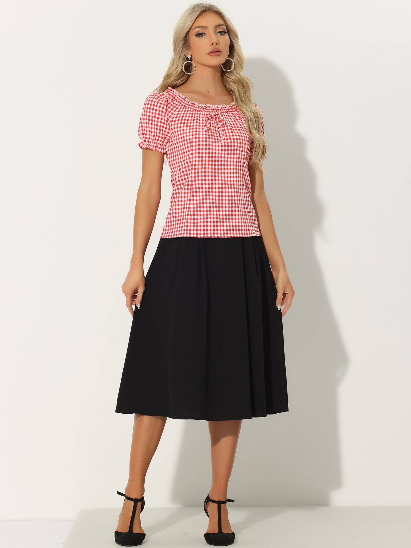 Allegra K Peasant Round Neck Ruffles Puff Sleeve Gingham Plaid Blouse