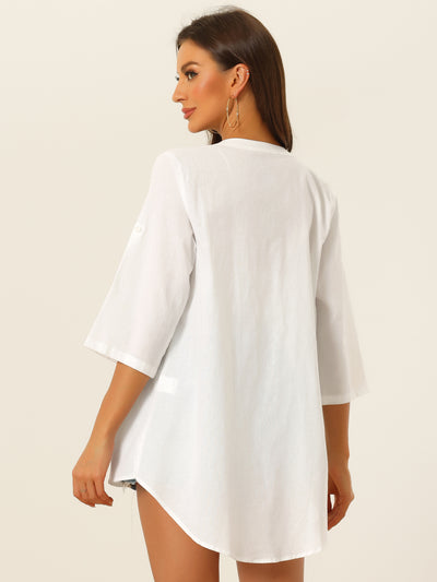 Button Down Linen Shirt V Neck Roll Up Sleeve Summer Casual Cotton Blouse