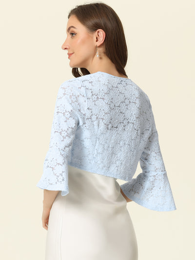 Floral Lace Cardigan Bell Sleeves Open Front Elegant Cropped Shrug Tops