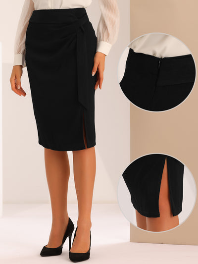 Allegra K Pencil Bow Tie Waist Split Knee Length Bodycon Skirt