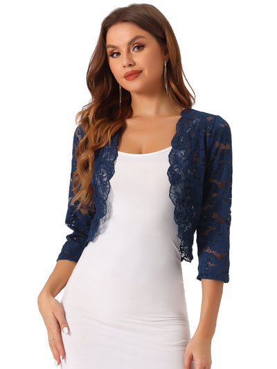 3/4 Sleeves Sheer Floral Lace Cropped Bolero Shrug