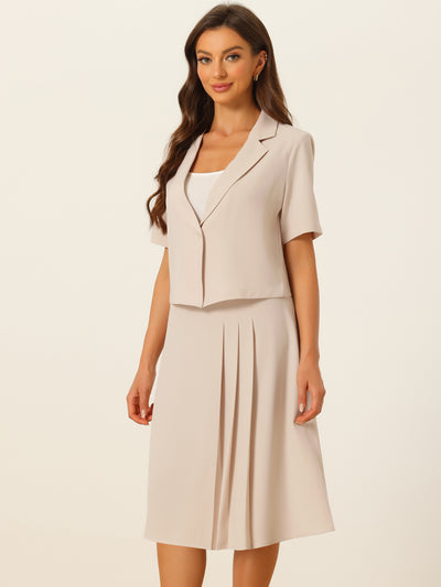 Allegra K Business Casual Short Sleeves Notched Lapel Blazer & Pleated Midi Skirt Suit Set