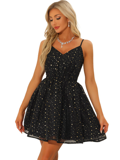 Spaghetti Strap Organza Fit and Flare Party Metallic Stars Mini Dress