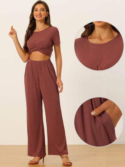 Allegra K 2 Piece Outfits Shrot Sleeve Front Twist Top Wide Leg Pants Lounge Sets Tracksuits