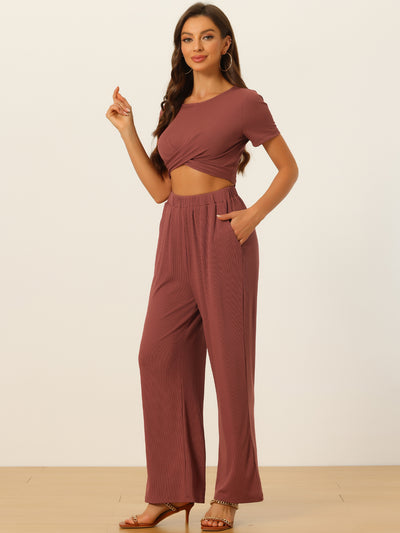 2 Piece Outfits Shrot Sleeve Front Twist Top Wide Leg Pants Lounge Sets Tracksuits