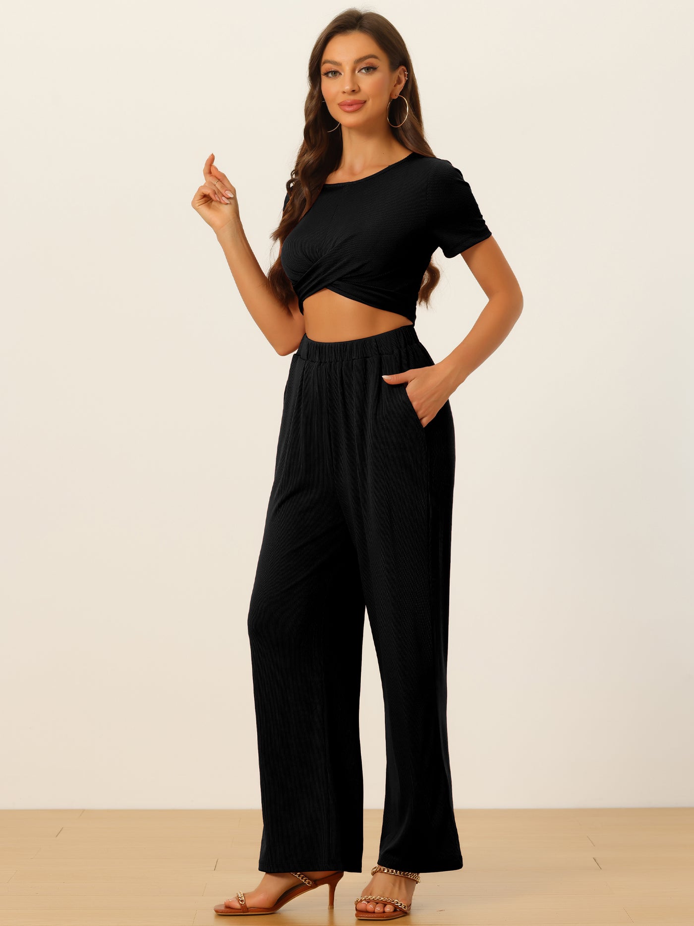 Allegra K 2 Piece Outfits Shrot Sleeve Front Twist Top Wide Leg Pants Lounge Sets Tracksuits