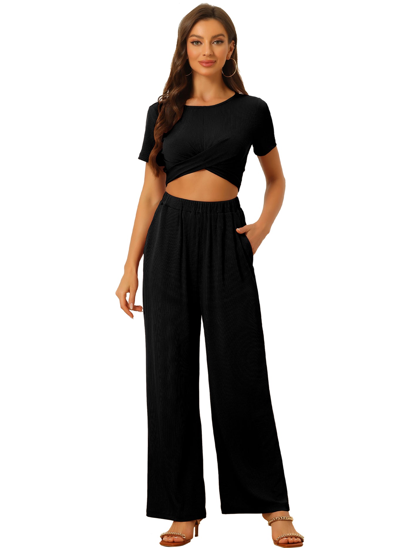 Allegra K 2 Piece Outfits Shrot Sleeve Front Twist Top Wide Leg Pants Lounge Sets Tracksuits