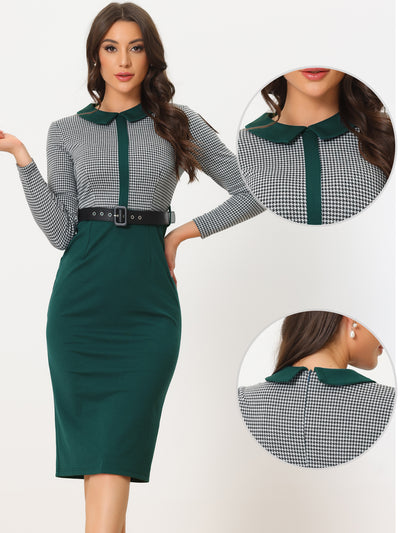 Long Sleeve Contrast Placket Houndstooth Print Bodycon Dress