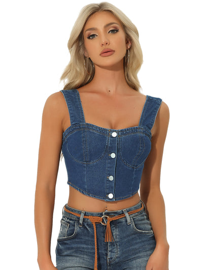 Button Down Sleeveless Bustier Jean Cropped Denim Corset Tops