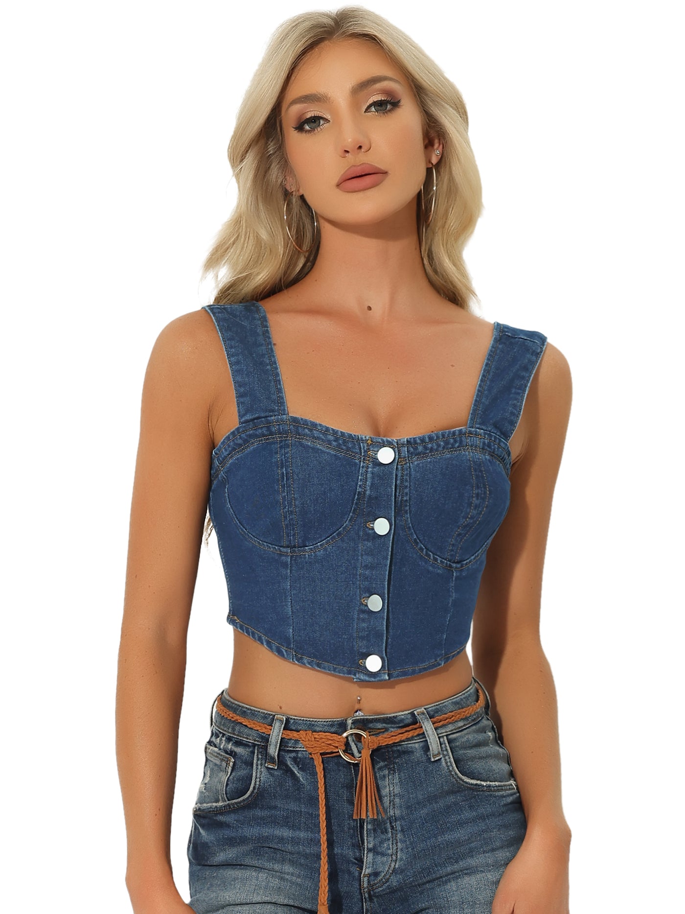 Allegra K Button Down Sleeveless Bustier Jean Cropped Denim Corset Tops