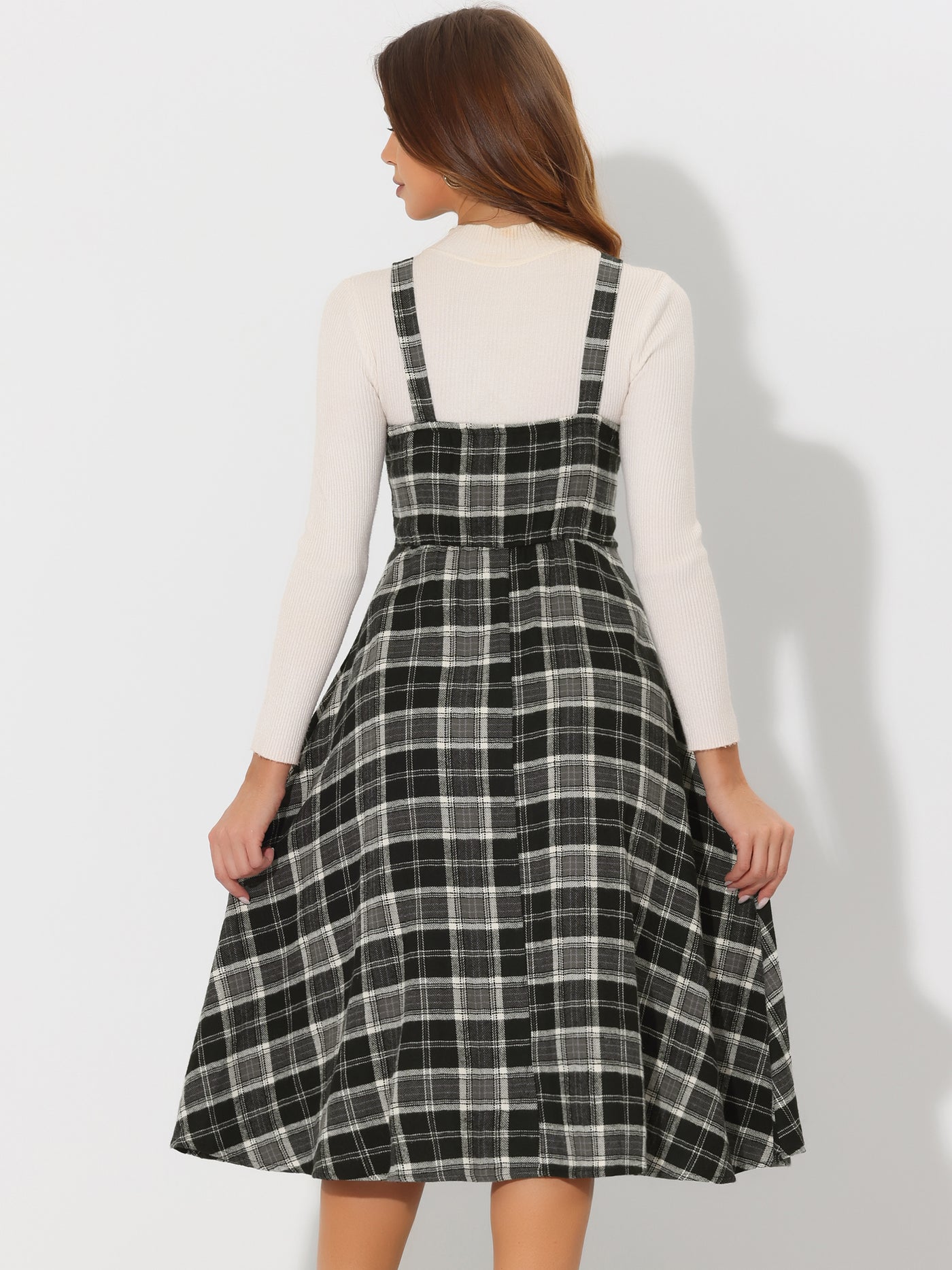 Allegra K Plaid Overalls Sleeveless Suspender A-Line Pinafore Dress