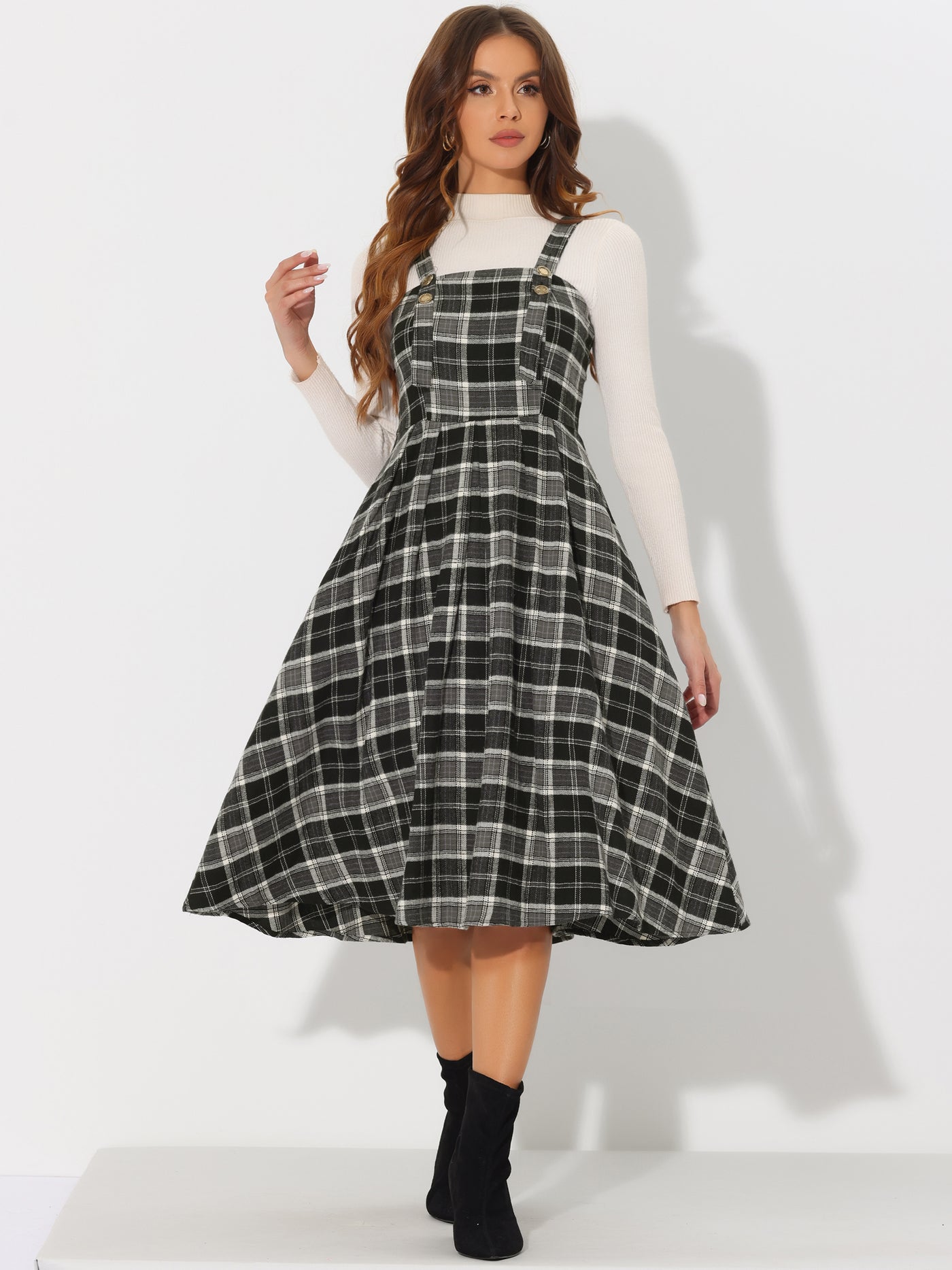 Allegra K Plaid Overalls Sleeveless Suspender A-Line Pinafore Dress