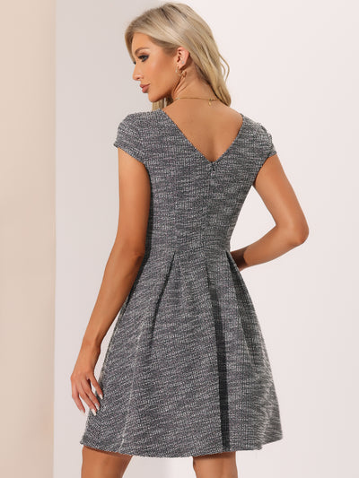 Plaid Tweed Round Neck Cap Sleeve A-Line Vintage Pleated Dress