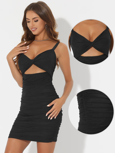 Spaghetti Strap Sleeveless Cut-Out Twist Ruched Bodycon Mini Dress