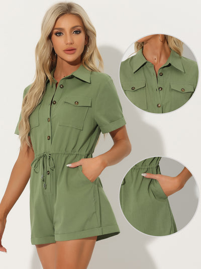 Casual Cargo Drawstring Jumpsuit Lapel Collered Two Pockets Shorts Romper