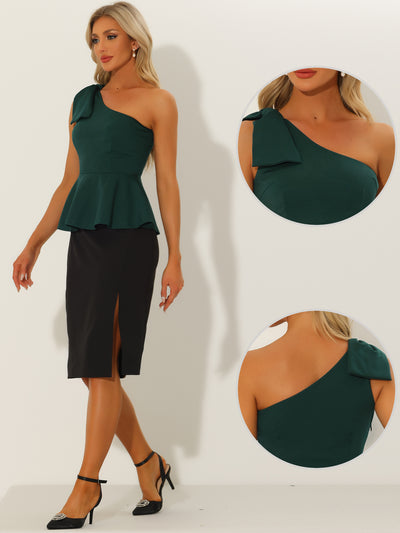 Elegant Peplum Bow Ruffled Hem One Shoulder Top