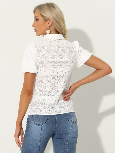 Lace Boho Puff Sleeve Button Down Eyelet Blouse