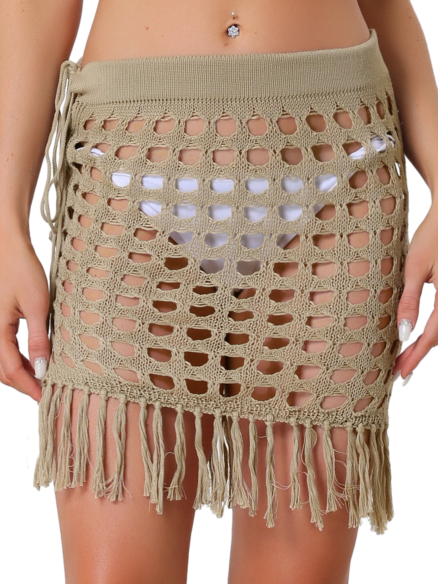 Allegra K Crochet Tassel Mesh Cover Up Drawstring Beach Mini Skirt