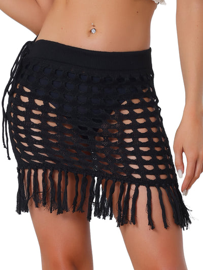Crochet Tassel Mesh Cover Up Drawstring Beach Mini Skirt