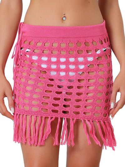 Crochet Tassel Mesh Cover Up Drawstring Beach Mini Skirt