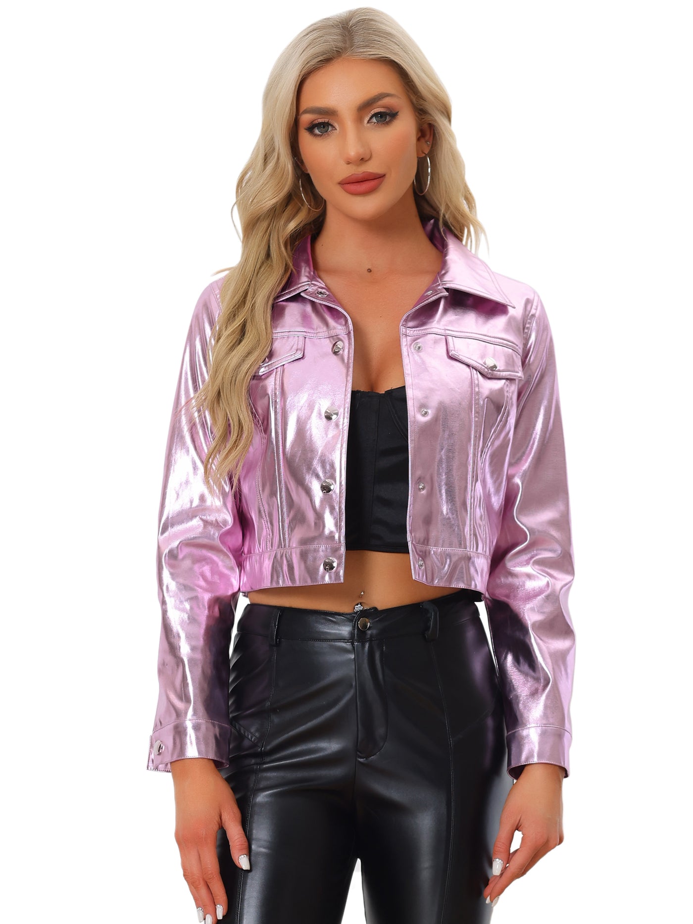 Allegra K Metallic Biker Holographic Button Down Shiny Jacket