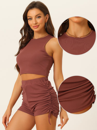 Summer 2 Piece Outfits Stretchy Ribbed Tank Crop Top Ruched Shorts Set