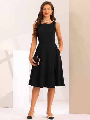 Sleeveless Boat Neck High Waisted A-Line Midi Dress