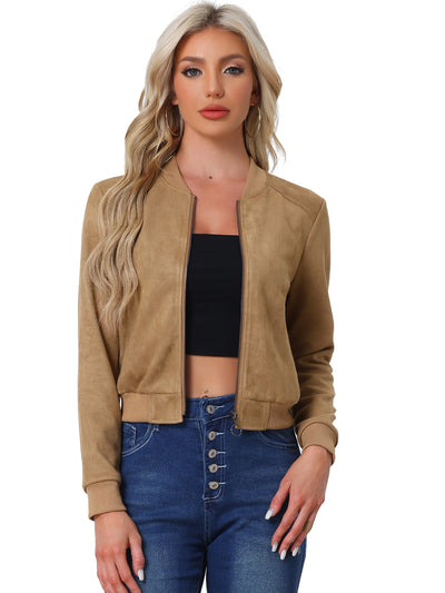 Faux Suede Crop Stand Collar Zip Up Biker Moto Bomber Jackets