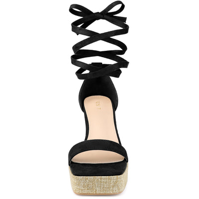 Women's Square Toe Lace Up Chunky High Heel Platform Sandals