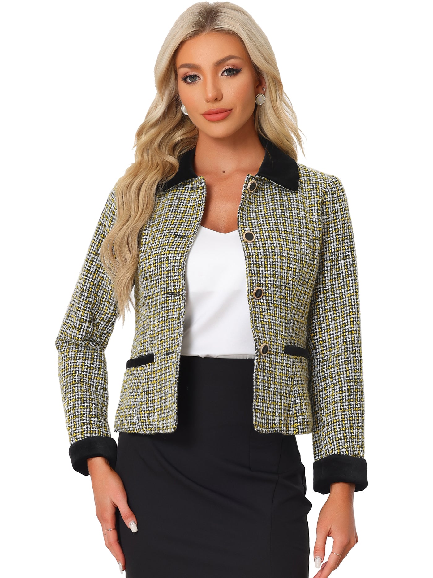 Allegra K Winter Elegant Vintage Plaid Tweed Office Short Jacket Blazer