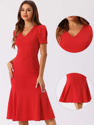 Stylish V-Neck Puff Sleeve Elegant Mermaid Maxi Dress