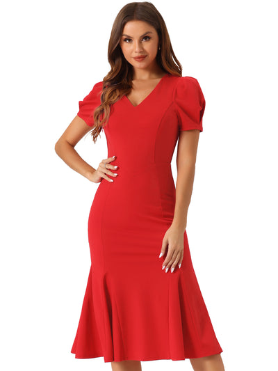 Stylish V-Neck Puff Sleeve Elegant Mermaid Maxi Dress