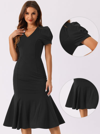 Stylish V-Neck Puff Sleeve Elegant Mermaid Maxi Dress